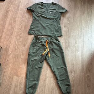 Figs Olive Green Scrub Set with Orange Drawstring